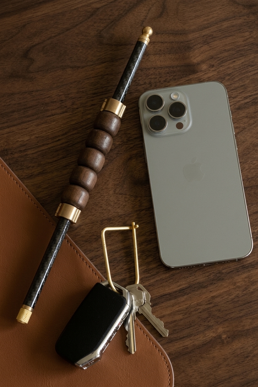 The Jeea Companion roller on a walnut desk beside a phone, keys, and a leather wallet