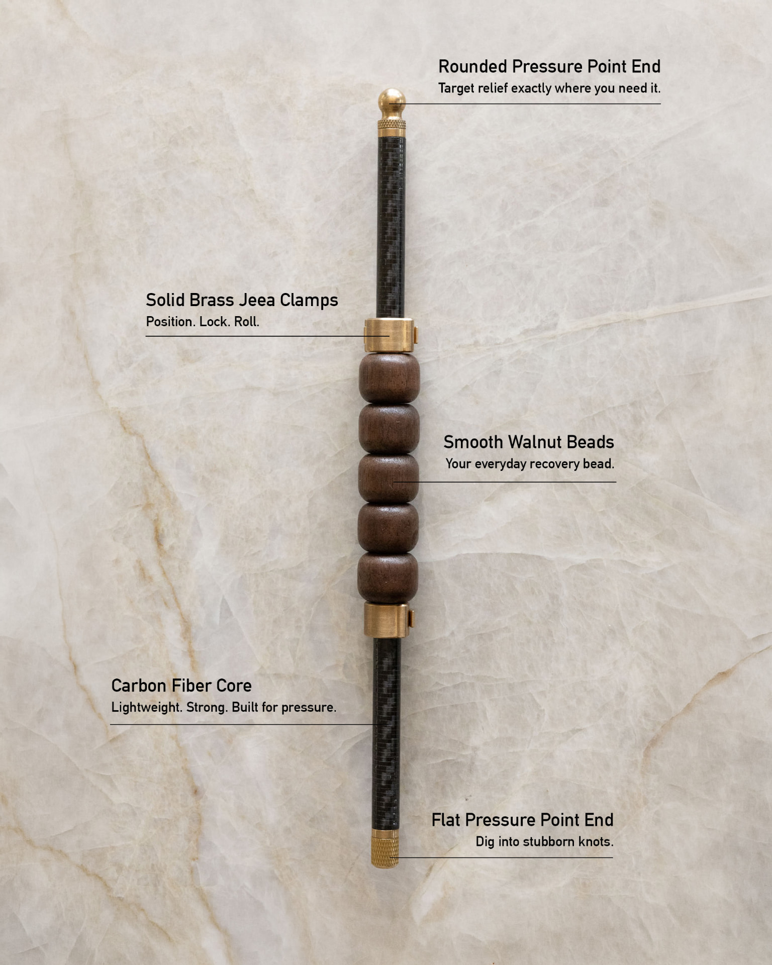 Diagram of the Jeea Companion roller showing the rounded pressure point end, solid brass clamps, smooth walnut beads, carbon fiber core, and flat pressure point end